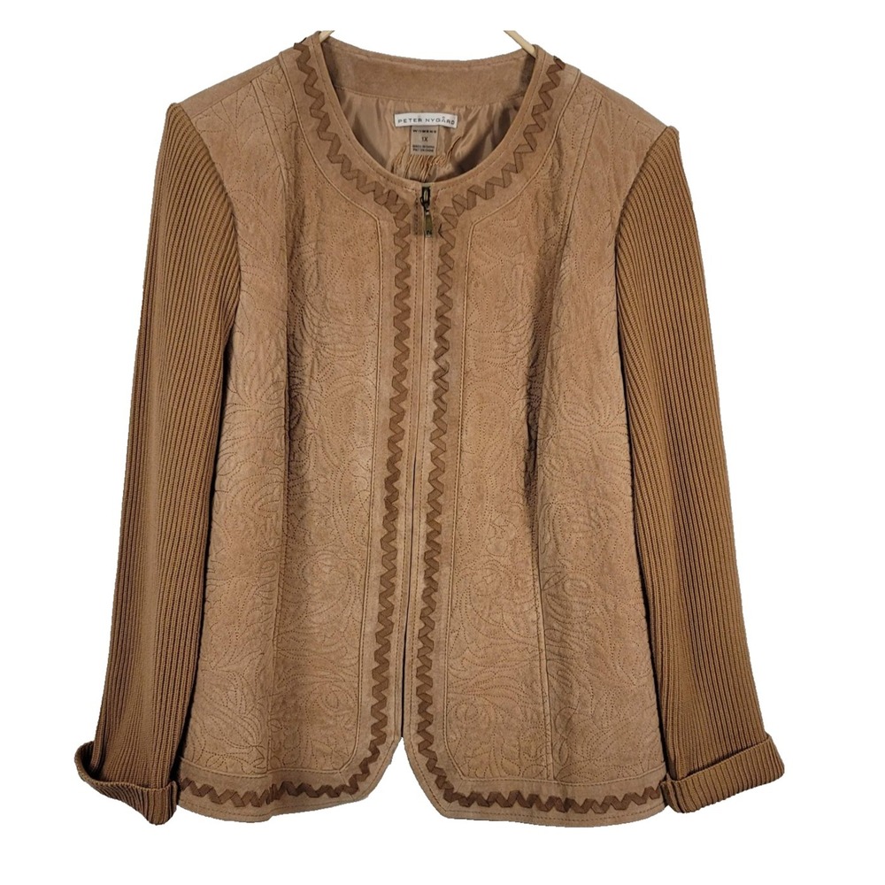 Peter Nygard Jacket Womens‎ 1X Tan Suede Leather Knit Zip Front Floral Pattern